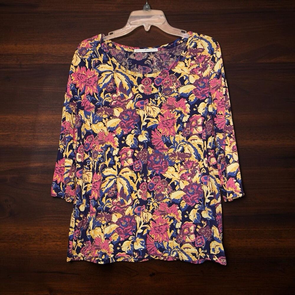 Peruvian Connection M Colorful Floral Pima Cotton Top Long Sleeve